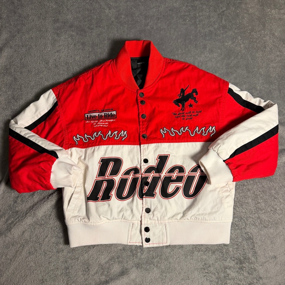 PacSun Rodeo Racing Bomber Jacket Mens Small Red White Black Live To Ride Flame